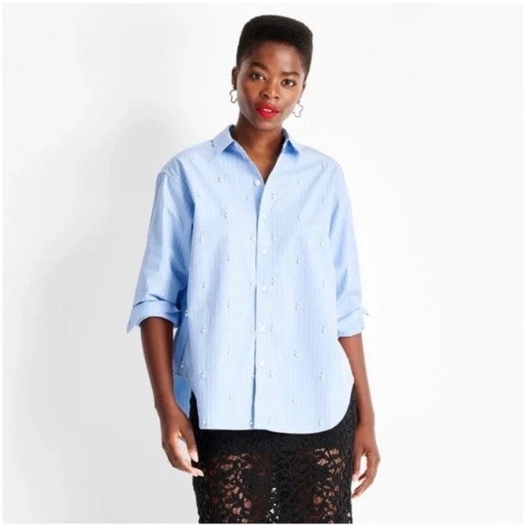 Future Collective Tops - Future Collective Reese Blutstein Blue Striped Pearl Button Down Shirt M‎ NEW